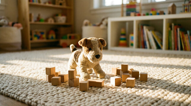 A small plush terrier dog surrounded by wooden blocks on a textured rug in a sunny playroom