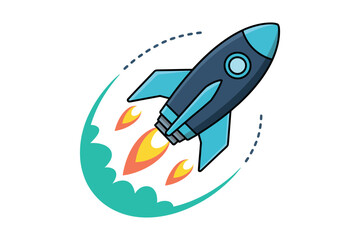 Fototapeta premium A cartoon rocket ship blasting off into space with flames and smoke