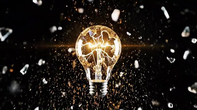 A bright light bulb surrounded by a burst of white debris against a dark background
