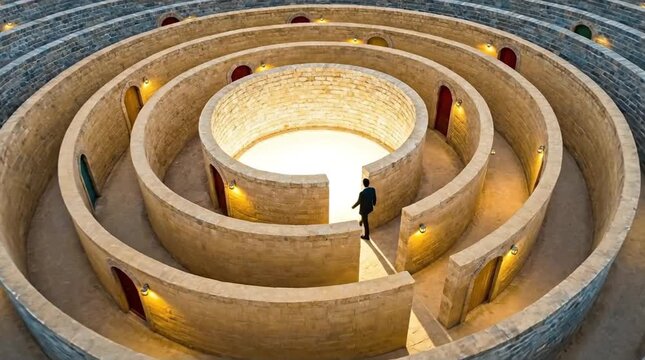 Solitary Figure Navigating an Illuminated Spiral Maze: High-Angle View of a Person Walking Through a Circular Labyrinth with Arched Doorways, Symbo...