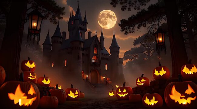 Halloween Night Scene with Pumpkins and Castle.