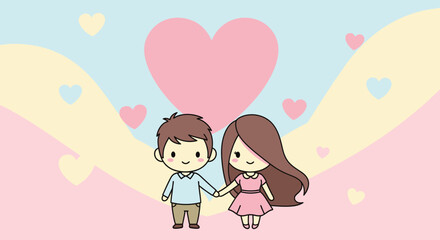Cute Cartoon Couple Holding Hands with Pastel Hearts Background Vector Illustration