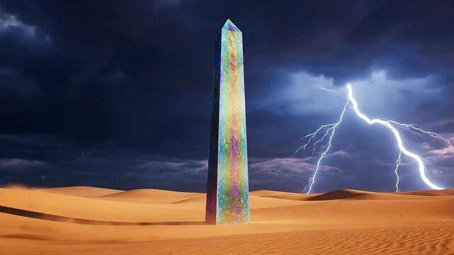 Striking lightning and swirling sand envelop an enigmatic iridescent obelisk in a vast desert, embodying the focused power of Deep Work Concentration in a challenging environment.