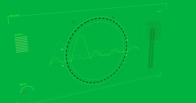 Neon HUD, waveform entering left causing dial shifting center and growing to center on transparent