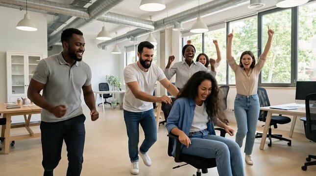 Joyful Multi-Ethnic Business Team Celebrating Achievement with Playful Office Chair Race. Happy Diverse Coworkers Enjoying Team Building Fun in a M...