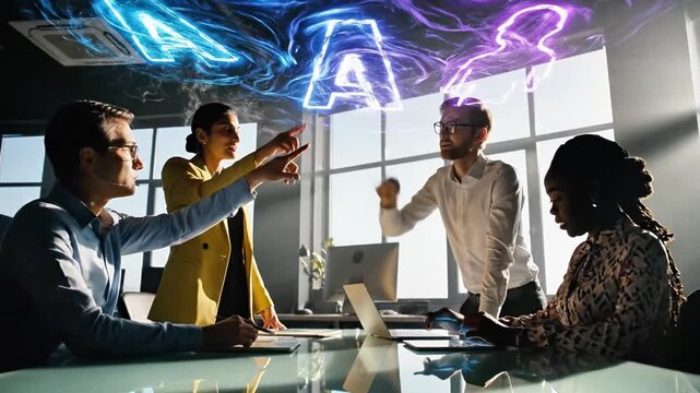 A group of four individuals engaged in a discussion around a conference table with futuristic digital elements floating above