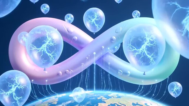 Human agent collaboration - Global intelligence and continuous data flow shown by an infinity loop connected to Earth, with glowing lines and rising neural network balloons.