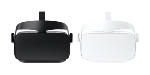 Two modern virtual reality headsets, one black and one white, showcasing cutting-edge technology