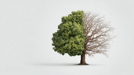 `Business growth and decline visualized by a single tree split between vibrant green leaves and barren dry branches.`