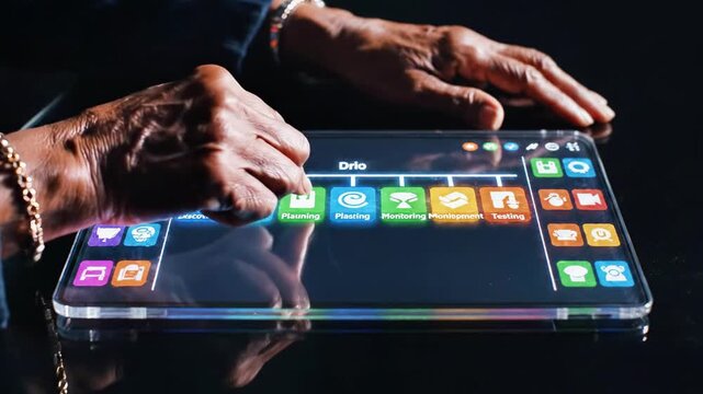 A person's hands interacting with a futuristic, transparent, and glowing touchscreen device displaying various colorful icons on a dark background
