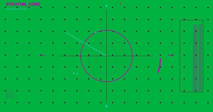 STRATUM_CORE HUD starting scan, cyan sweep arm rotating over blips, marking targets, transparent
