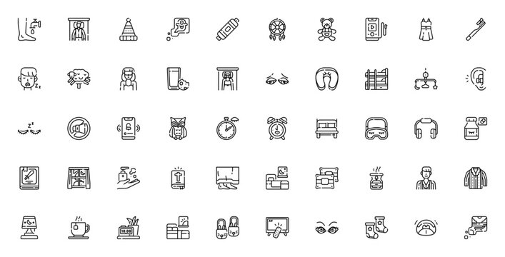 Time to Sleep icon set. Minimal vector icons for bedtime routine, sleep aids, and relaxation. Includes symbols for alarm clock, teddy bear, pajamas, dreamcatcher, blanket, and more. Editable stroke.