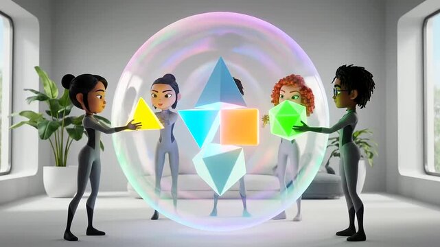 Human agent collaboration - diverse stylized characters unite geometric shapes within a vibrant bubble, symbolizing teamwork, innovation, and digital creation in a futuristic setting.
