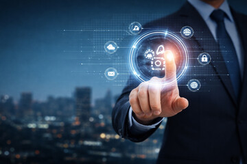 AI generated businessman touching holographic digital interface over city skyline representing digital transformation innovation smart technology and business control