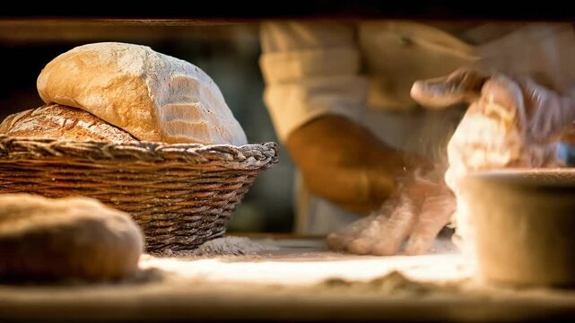 Close-up of a baker preparing dough for bread. Focus on the flour and hands, basket visible