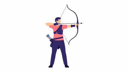 A male archer in a red shirt and dark pants aims his bow and arrow, ready to shoot, with a quiver of arrows on his hip.