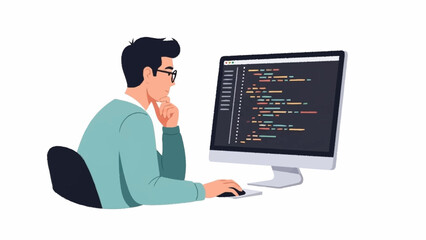 A focused male programmer wearing glasses intently reviews lines of code on a computer monitor, engaged in deep thought.