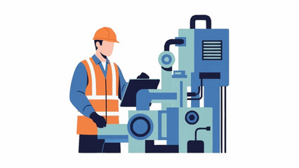 An industrial worker in safety gear operates a large manufacturing machine.