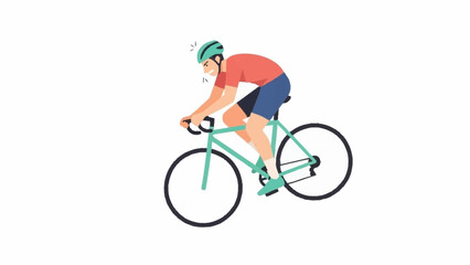An energetic male cyclist wearing a helmet and sportswear vigorously pedals his road bike, showing intense exertion.
