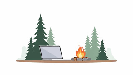 A flat vector illustration depicting a laptop next to a cozy campfire surrounded by green pine trees, suggesting outdoor work or relaxation.