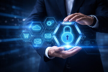 AI generated businessman holding holographic lock interface with digital icons for cybersecurity fintech cloud ecommerce data protection and online business security