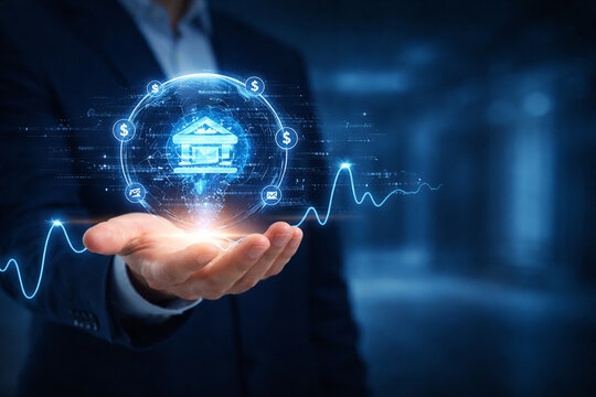 AI generated businessman holding hologram house with digital finance icons data graph and fintech technology representing real estate investment smart home and financial innovation - Powered by Adobe