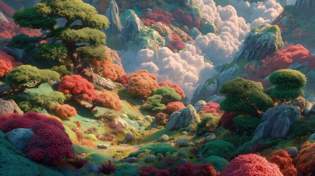 Colorful Fantasy Valley Landscape with Lush Trees and Soft Clouds