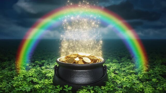 Magical pot of gold coins at the end of a rainbow in a green clover field with sparkling particles for St. Patrick's Day