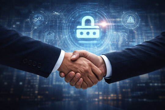AI generated business handshake with digital padlock hologram representing cyber security data protection business trust partnership and secure digital transformation