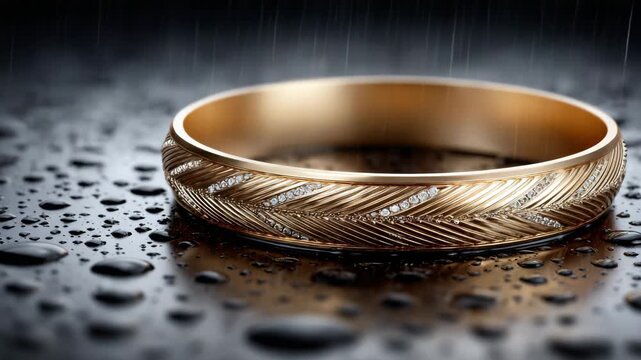 Gold bracelet with diamonds placed on a wet surface with water droplets on it in a simple setting