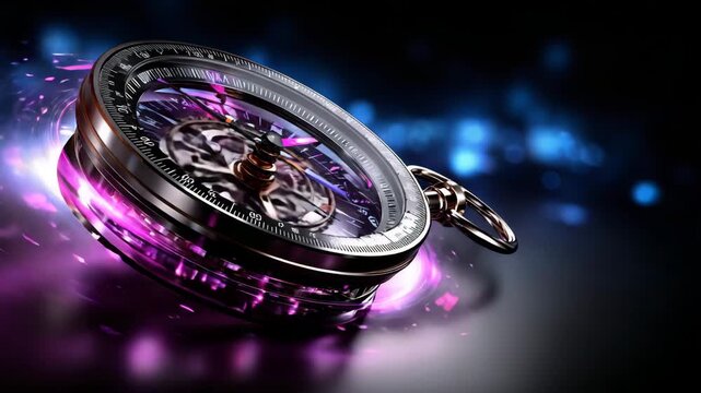 Detailed compass with glowing elements shows direction against dark background with bright lights