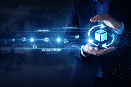 AI generated businessman interacting with hologram development workflow showing cube lifecycle icons automation cloud computing ci cd and digital transformation for modern software engineering