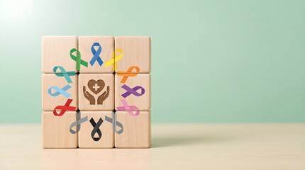 wooden blocks with colorful awareness ribbons and heart symbol