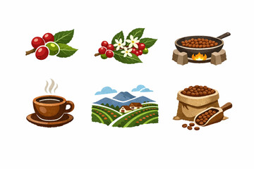 Salvadoran coffee culture icons in torn vector texture style