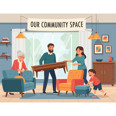 Naklejka premium Family arranges furniture in community space