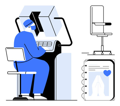 Healthcare, radiology, medical diagnostics, technology, modern medicine, work environment. A doctor analyzing diagnostic data at a machine. Radiology and medical diagnostics concept