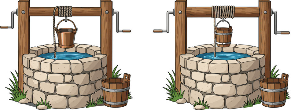 Traditional Stone Water Well with Wooden Crank and Bucket Vector Illustration Isolated on White Background for Rural Design