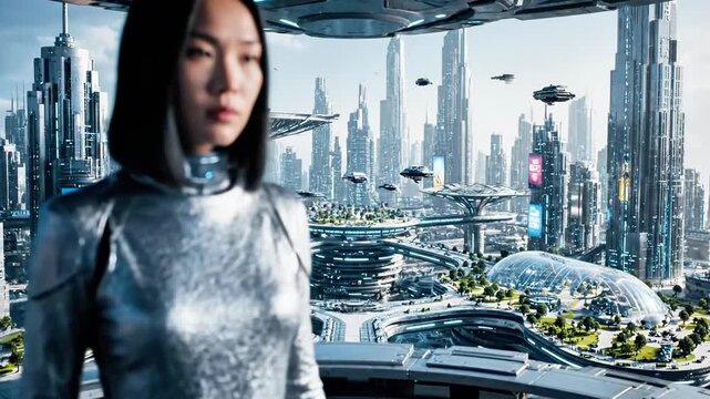 A futuristic woman in metallic attire stands on a balcony overlooking a sleek, high-tech cityscape with flying vehicles and towering skyscrapers under a cloudy sky