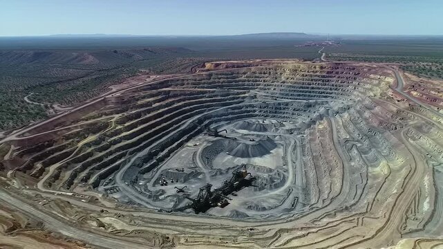 Aerial view of a large open-pit mine with terraced layers and heavy machinery.