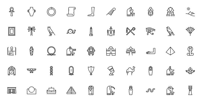 Egyptian Line Art Icons Set. Ancient Egypt symbols collection. Includes Ankh, Scarab, Sphinx, Pyramid, Pharaoh, Horus, Anubis and more. Vector craft illustration.