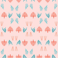 Seamless coral pattern with hand drawn marine plants on soft pink background, seamless pattern ideal for textile, wallpaper, packaging, surface design, ocean inspired decor