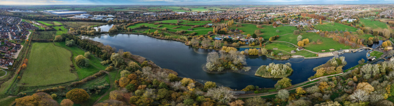 A aerial photograph is of Wicksteed Park in Kettering, Northamptonshire, United Kingdom