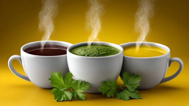 Three cups with steaming drinks on a yellow background in a simple setting