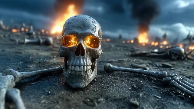 Skull on battlefield among skeletons with glowing eyes and burning landscape in the background
