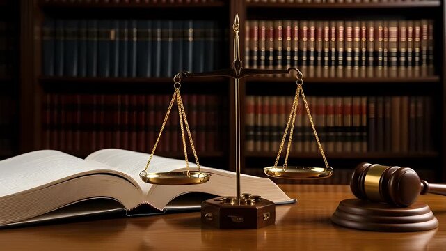 A symbol of justice and law, featuring scales and a gavel on a desk in a law library.