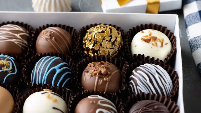 Variety of chocolate truffles in a white box with a golden ribbon arranged on a gray surface