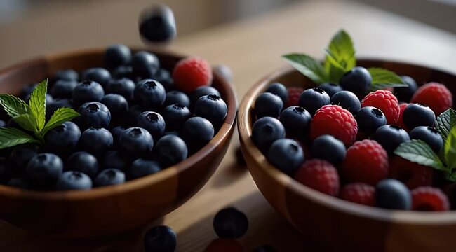 Mixed Berries in Wooden Bowls.