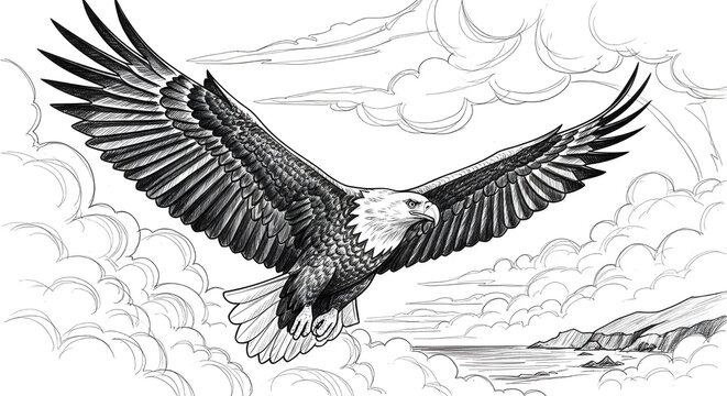 Ilustrasi Elang Botak Terbang Gaya Ukiran Vintage di Atas Pegunungan