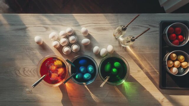 Top view of dyeing Easter eggs in colorful red blue and green liquid in glass bowls on wooden table in sunlight