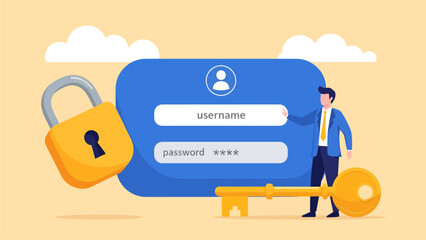 A vector illustration depicts a secure login interface with a large lock and key, symbolizing the importance of strong user authentication and data privacy